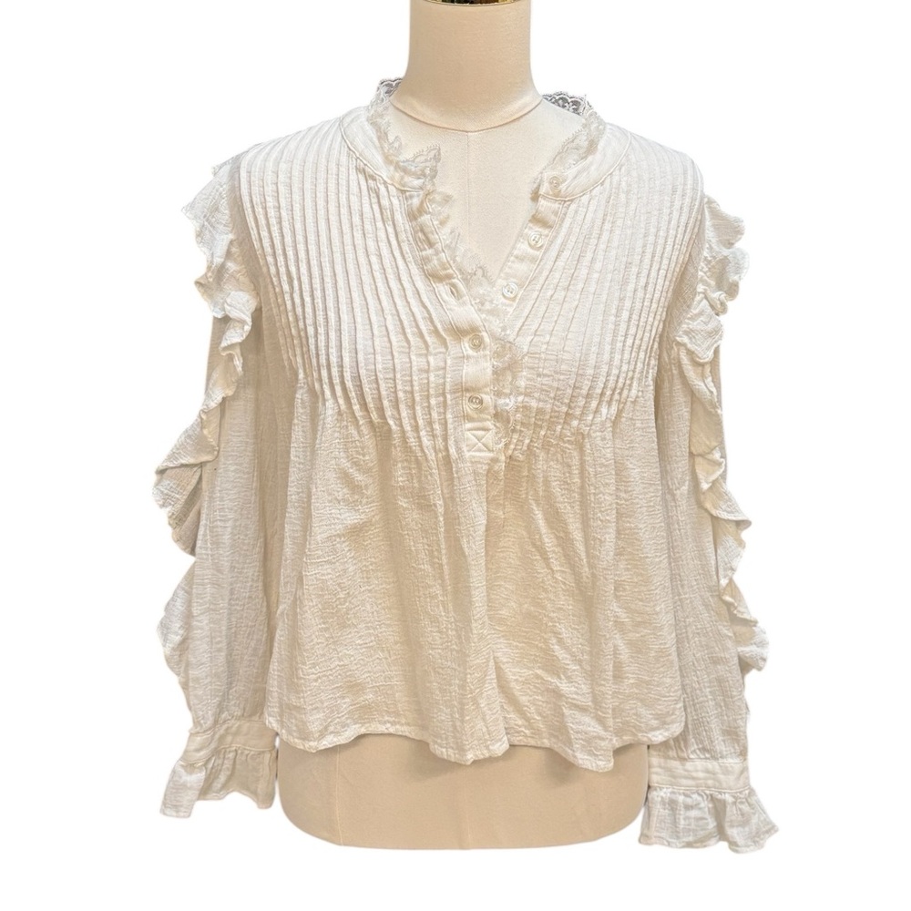 Mi Ami Blouse Small White Boho Pintuck Ruffle Peasant Top